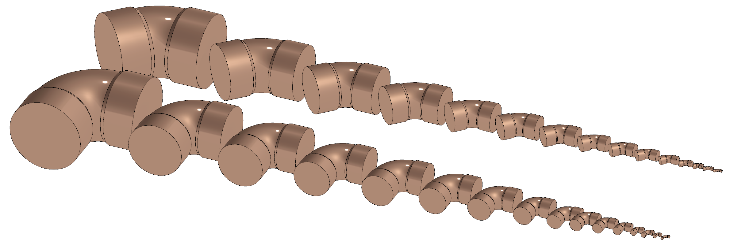 45-degree and 90-degree close elbows, each shown in a descending order of size from 8 inches to 1/8 inch nominal diameters. The fittings are aligned to visually communicate the range of sizes and angles available.
